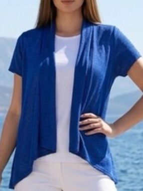 Kenneth Cole Linen Blend Short Sleeve Royal Blue Open Front Cardigan Size Medium